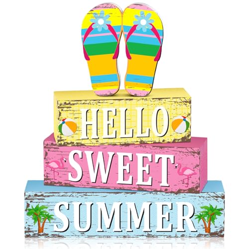 Geelin 4 Pcs Summer Decorations Wooden Sign Hello Summer Flip Flop...