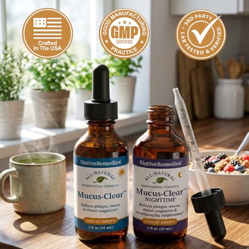 Image of Native Remedies Mucus-Clear ComboPack - 24-Hour Day & Night Mucus Relief - Clears Throat Phlegm, Sinus Pressure & Respiratory Congestion - Fast Acting Lung Support - 4 Fl Oz, 2 Pack
