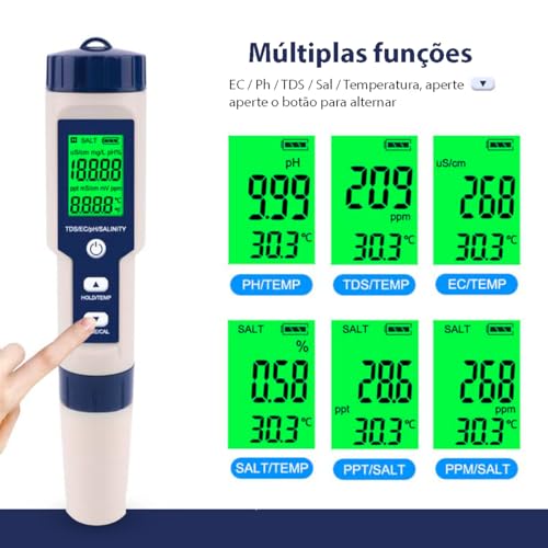 Phmetro Medidor de Ph Digital Portátil 5 em 1 Tds Ec Sal para Água Piscina Áquario Hidrponia Testado