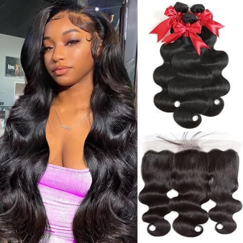 12A Body Wave Bundles with Frontal Human Hair 26 28 30+20 Inch Brazilian Virgin Body Wave Human Hair Weave 3 Bundles with 13x4 HD Lace Frontal Closure