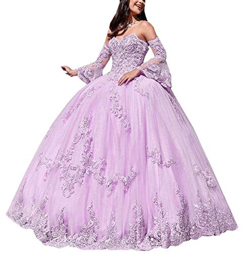 Meowmming Women's Off Shoulder Long Sleeves Quinceanera Dresses Sweetheart Appliqued Prom Ball Gown Light Purple