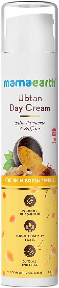 Mamaearth Ubtan Day Cream with SPF 30 | Infused with Turmeric & Saffron | Helps Reduce Tanning, Signs of Aging & Restores Natural Glow | 1.76 Oz (50g)