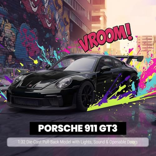 Image of Porsche 911 GT3 1:32 Diecast Model Car - Metal Pull‑Back Supercar with Openable Doors, Lights & Sounds, Realistic Toy for Kids & Adults, Birthday Gift (Colour as a per Stock)