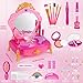 DRAMATION Princess Toddler Vanity Set, Portable Toddler Makeup Vanity with Music and Pretend Makeup Kit, Unicorn Jewelry, Mirror, Hairdryer,Princess Toys Birthday Gift for Girls for 3 4 5 Years Old