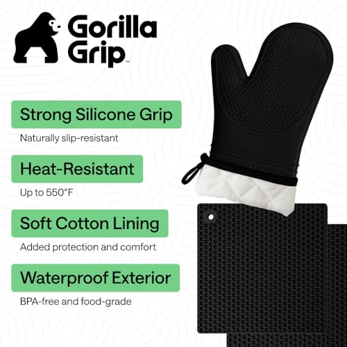 Image of GORILLA GRIP BPA-Free Soft Silicone Oven Mitts and Pot Holders Sets of 4, Heat Resistant Waterproof Cooking Gloves, Thick Cotton Lining, Flexible Gripping for Baking Grilling, Kitchen Trivets, Black