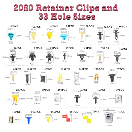 Image of Car Retainer Clips & Fasteners Kit - 33 Universal Sizes Nylon Bumper, Fender Rivets, Door Panel Clips, and Plastic Rivets with 10 Cable Ties and Removal Tool for Toyota, Ford (2080pcs)