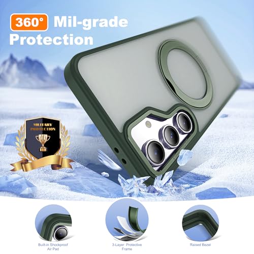 Image of for Samsung Galaxy S24 FE Case with 360 Rotatable Magnetic Ring Stand Compatible with Mag-Safe Military Protection Shockproof Matte Translucent Phone Cases for S24 FE,Dark Green