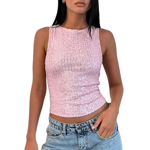 Amiblvowa Sequin Tank Top Women Y2k Sexy Sleeveless Sparkly Crop Camisole Slim Shiny Glitter Cami Going Out Party Vest Shirts - Main Image