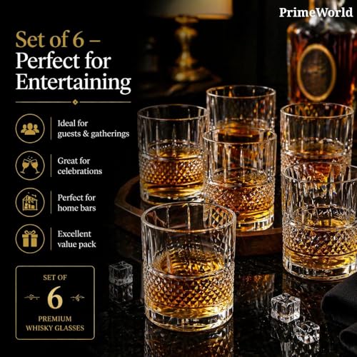 Image of PrimeWorld Signature Crystal Whiskey Glasses Set of 6 pcs- 300 ml Bar Glass for Drinking Bourbon, Whisky, Scotch, Cocktails, Cognac- Old Fashioned Cocktail Tumblers