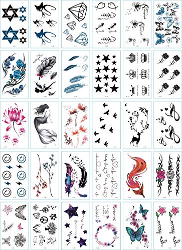 30 sheets temporary tattoos suitable for adults, boys and girls, Black and colour mix，personality waterproof temporary tattoos.