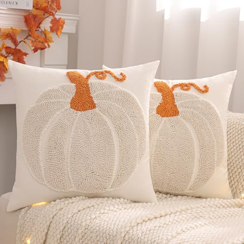 Tosleo Halloween Throw Pillow Covers 18x18 inch Set of 2 Halloween Beige Pumpkin with Orange Root Embroidered Pillow Cases Thanksgiving Home Party Pumpkin Fall Decor Pillowcases Square Cushion Covers