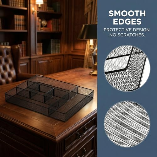 Image of Hiceeden 2 Pack Mesh Desk Drawer Organizer, 16.1 inchx12.2 inchx2 inch Large Desk Organizer Tray with 2 Removable Dividers, 6 Compartment Metal Organizers for Home, Office, Makeup & Vanity