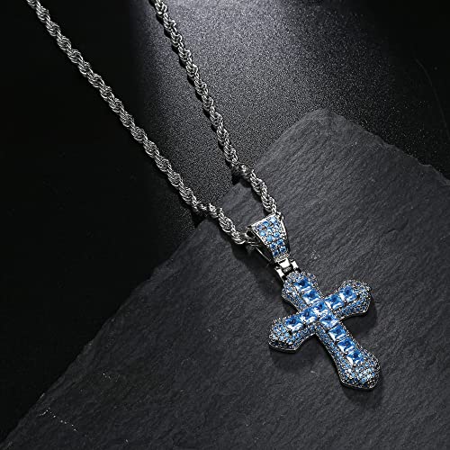 Krfy Diamond Cross Necklace For Women Blue Cubic Zirconia Cross Pendant With 24 Inch Stainless Steel Chain Gemstone Crystal Cross Chain Hip Hop Jewelry Gift For Men Women Boys #TOP2