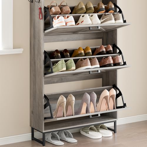 Image of BORNOON Shoe Cabinet with 3 Flip Drawers Narrow Shoe Storage Cabinet Organizer Wooden Freestanding Shoe Rack Hidden Slim Shoes Storage Cabinet for Entryway, Hallway, Living Room, Bedroom