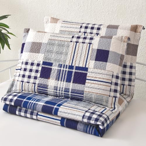 Image of Jarson 3 Pcs Plaid Daybed Cover Set Twin Size Navy White Brown Sofa Cover Double Side Bed Set Classic Patchwork Bedding Sets Daybed Quilt Set with Pillow Shams