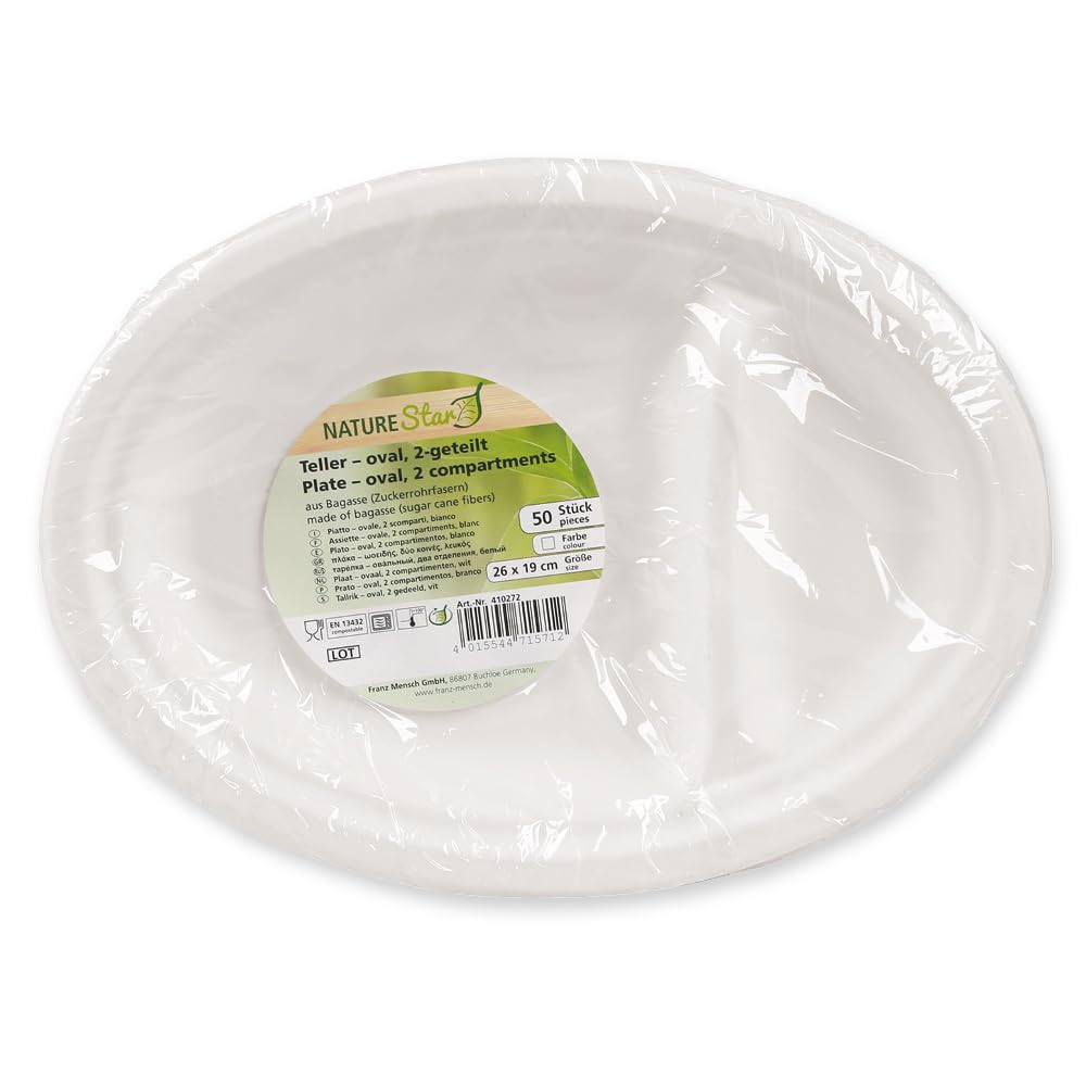 500 Stück NATUREStar Menüteller, 2-geteilt, oval | Zuckerrohr, weiß, L: 26cm, B: 19cm, H: 2cm, Karton, Zuckerrohrteller, Einmalteller, Bioteller, Partygeschirr, Einwegteller aus Zuckerrohr