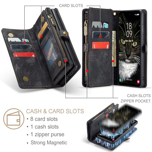 FONREST for Samsung-Galaxy-A35 5G All-in-1 Wallet Case, PU Leather Flip Folio Cover with Magnetic Absorbing Back Shell, Kickstand, 8 Card Holders, 1 Cash Slot, Zipper Pocket, Lanyard (Black)