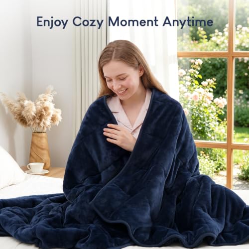Image of Cottonblue Weighted Blanket 20lbs 60x80 Inches, Navy Blue Sherpa Blanket Throw Sofa Bedding Heavy Blanket for Adults, Soft Cozy Fleece Blanket On Queen Bed, Plush Fleece Minky 20 lb Weighted Blanket