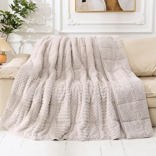 Image of Cottonblue Sherpa Fleece Weighted Blanket 15 lbs for Adults Queen Size, Soft Fuzzy Jacquard Weighted Blankets Throw 60 inch x 80 inch for Sleep Relax, Cozy Warm Knitted Heavy Blanket for Bed Sofa, Griege