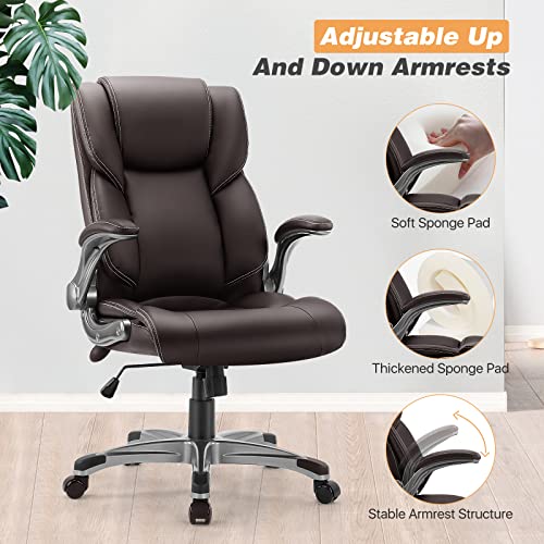 Office Chair Home Ergonomic Computer Hight Back Executive Desk Chairs, Adjustable Height Flip-Up Armrest Lumbar Support And Tilt Swivel Rocking Pu Leather Chairs With Wheels Brown #TOP4