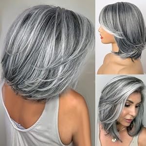 Oseti Silver Wig Ombre Gray Wigs with Curtain Bangs for Women Synthetic Highlight Gray Bob Wig Short Silver Wig with Bangs Layered Wig 12Inch Light Grey Short Hair Wigs for Daily Party Use