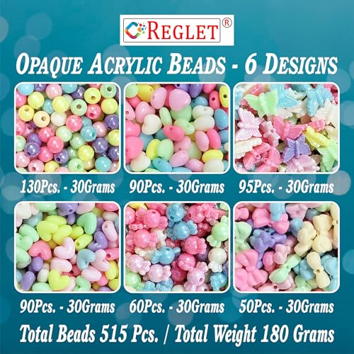 Image of 515 Pcs - Opaque Beads for Jewellery Making Kit - Beads for Bracelet Making Kit - Beads for Craft - Acrylic - Multicolour - 6 Designs, 180g