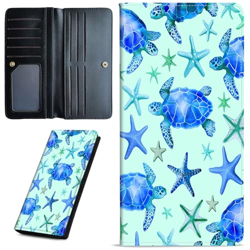 Wallets for Women Ultra Slim Thin Leather Women Wallet Wallet for Men Women, with RFID Blocking Credit Card Holder Ladies Clutch Purse Billfold Thin Wallet,Turtle and Starfish