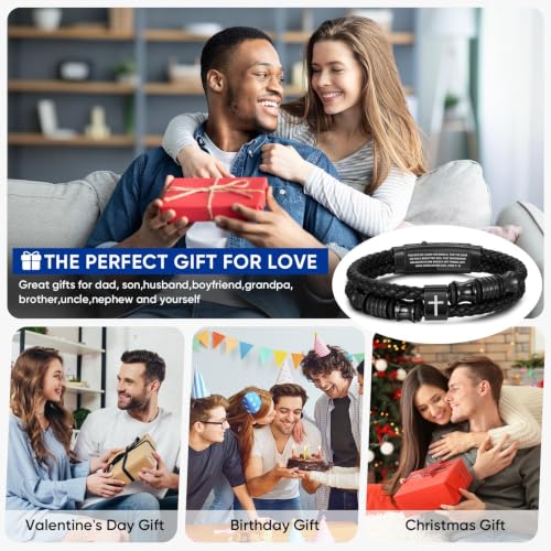 Christian Black Leather Bracelet for Men, Braided Leather Cross Adjustable - image 7