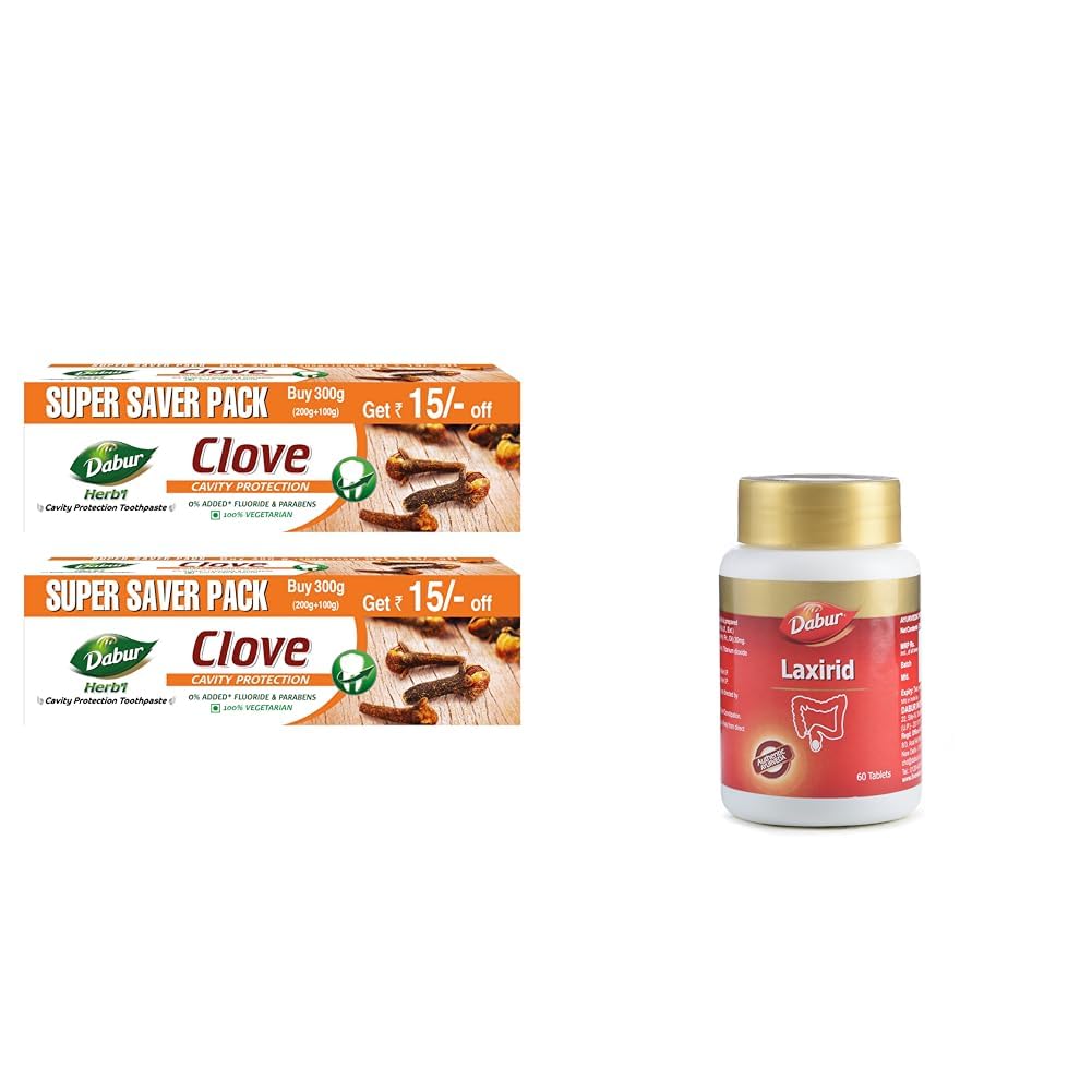 Dabur Herb'l Clove Toothpaste - 600g (Pack of 2, 300gx2) | Cavity Protection Toothpaste | No Added Fluoride, Parabens & Triclosan | Helps Fight Bacteria & Pain|Dabur Laxirid - 60 Tablets-image-38