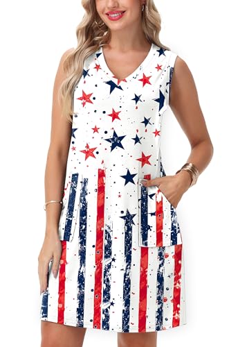 Image of Deerose Womens July 4th Sleeveless Dress American Flag Swim Cover Up Dress with Pockets
