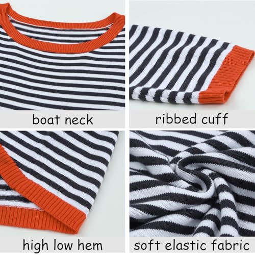 Image of Wowcarbazole Women's Pullover Sweaters Striped Long Sleeve Crew Neck Color Block Sweater Tops Casual Loose Knit Shirts