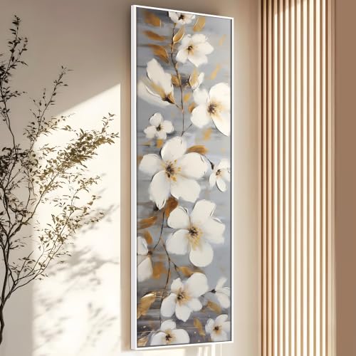 Image of PAINTINGMANTRA White Flowers Wall Art Painting, White Cherry Blossom Flowers for Living Room, Home and Office Wall Decoration (13x47 Inch)
