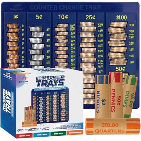 Coin Counter Sorter Money Tray - Blundle with 24 Tubular Wrappers – 6 Compartment Change Organizer and Holder -Blue Color- Ideal for Bank, Business or Home Use Cover