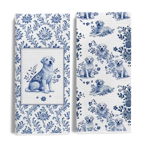 Image of Chinoiserie Labrador Retriever Kitchen & Hand Towels Set of 2, Blue and White Floral Dog Dish & Tea Towels for Kitchen Bathroom Decor, Vintage Toile Dog Lover Gifts for Women 16x24 Inch