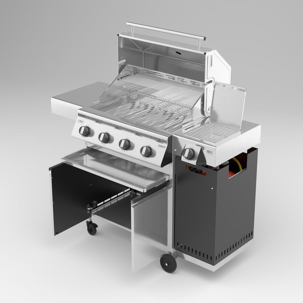 Schickling Gasgrill "Hermann XL - Deluxe" Edelstahlgrill Grillwagen mit Unterschrank, doppelwandigem Deckel, 4x 5kW Brenner, 800 Grad Seitenbrenner & 4-teiligen Grillrost - Made in Germany