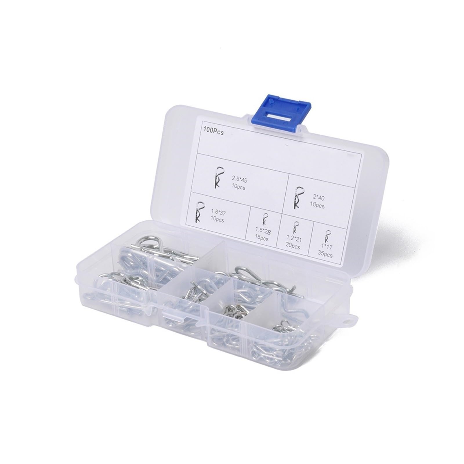 R-Clips, 100 Stück Federsplinte vom Typ R M1 M1.2 M1.5 M1.8 M2 M2.5 Auto-Split-Klemme Haarspange Anhängerkupplung Traktor mit Aufbewahrungsbox