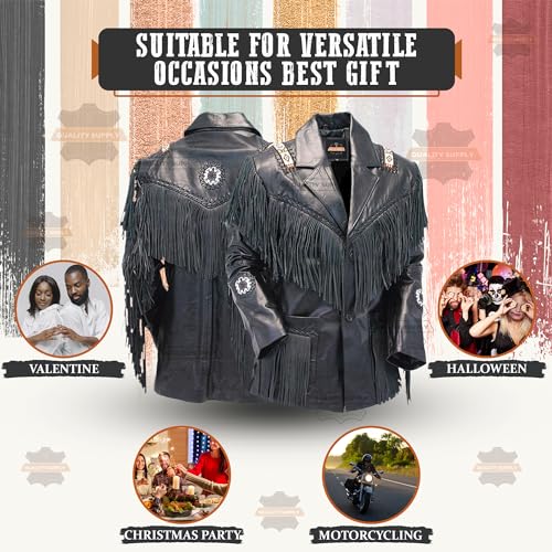 Men's Fashion Western Genuine Cowhide Leather Jacket | Native American Cowboy Coat with Fringed - Black3