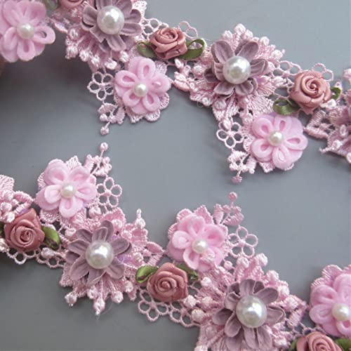 1 Yard Rose Flower Pearl Embroidered Lace Trim Ribbon Fabric Sewing Applique Supplies Craft For Costume Dress Hat Decor #TOP18