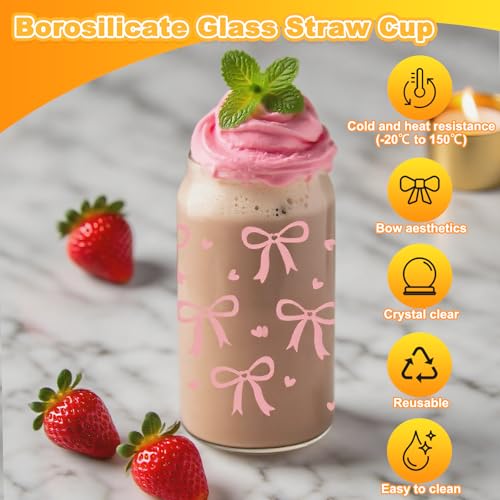 Drinking Jars,16 oz Pink Bow Glass Cup, Versatile and Stylish Drinking Glass Cups with Lids and Straws Aesthetic Gifts for Women Girls Friends - Image 3