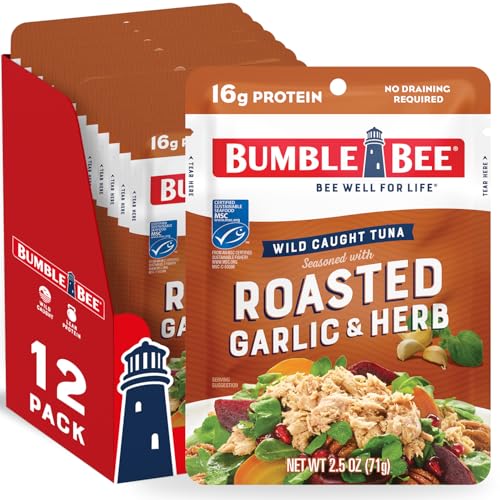 Image of Bumble Bee Roasted Garlic & Herb Seasoned Tuna, 2.5 oz Pouches (Pack of 12) - Ready to Eat - Wild Caught Tuna Packet - 16g Protein per Serving - Gluten Free