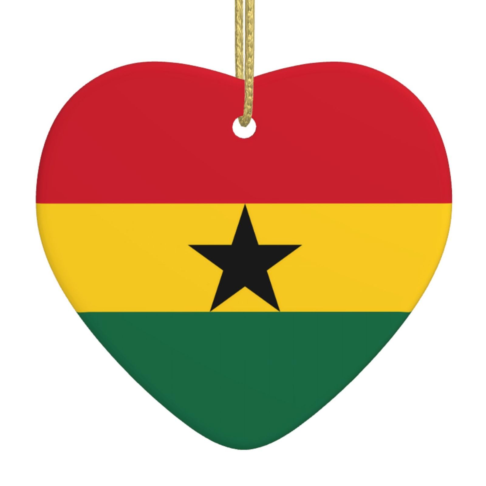 Flag of Ghana Ceramic Christmas Heart Pendant with Silk Thread, Christmas Tree Home Decoration