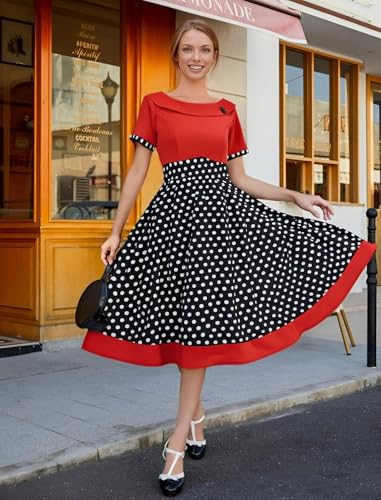 Image of Women's Boat Neck Polka Dot Cocktail Midi Dress Vintage Retro 1950s Style Swing Tea Length Wedding Guest Party Dresses