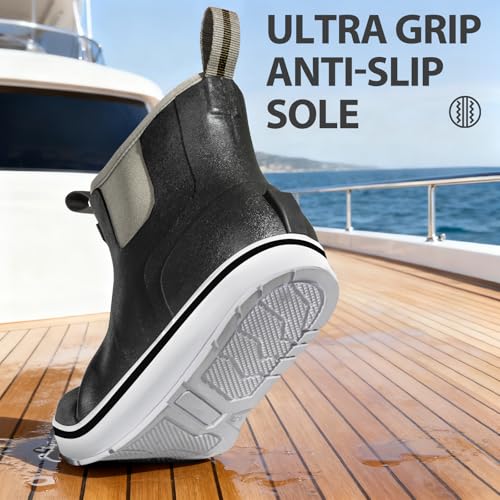 Image of Men's Deck Boots Waterproof High-Traction Rubber Fishing Rain Boots | Lightweight Pull-On Comfort for Wet Days, for Sport Fishing and Boating, Sizes 7-14