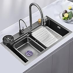 Fregadero Enrasado Fregadero cocina un seno XL 80 x 45cm Fregadero cuadrado de Acero Inoxidable Cepillado, incluyendo Grifo, Escurridor, Lavadora, Fregadero bajo encimera, Enrasado o Sobre Encimera, Negro