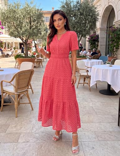 Image of ZESICA Women's 2026 Summer Short Sleeve Maxi Dress Casual V Neck Hollow Out Eyelet Ruffle Swing A Line Long Dresses