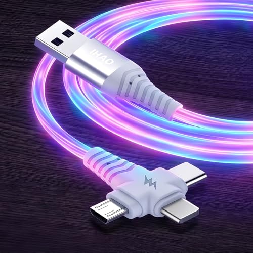 Image of IHAO Multi Ports Light-Up USB Cable USBA to USBC /MicroUSB Cable Durable Fast Charging Cable with Visible Current Flow As Night Light Use-3in1 Colorful
