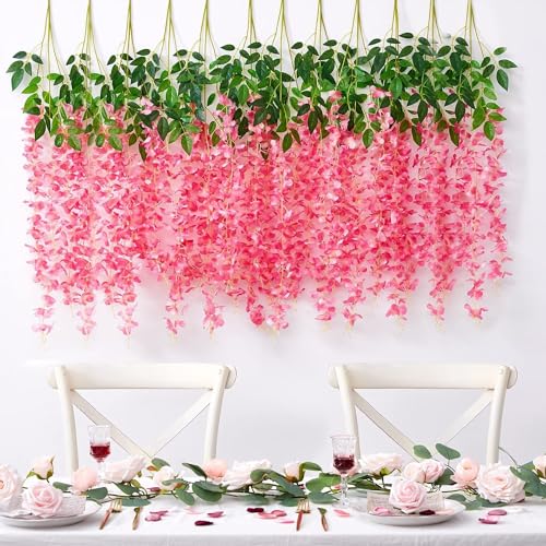 Image of SATYAM KRAFT 6 Pcs (43.2 inch) Artificial Wisteria Vine Garland | Long Silk Hanging Flowers String for Wedding Decoration Items, Mandap, Birthday Party, Festival Event & Home Decor (Dark Pink)