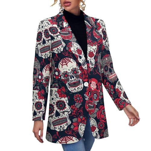 Day of The Dead Colorful Sugar Skull Blazers for Women Fashion Business Casual Office,Elegant Jacket Coat with Pockets