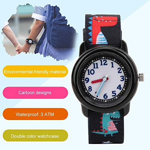 Relógio infantil com estampa de desenho animado à prova d'água e pulseira de quartzo (preto)