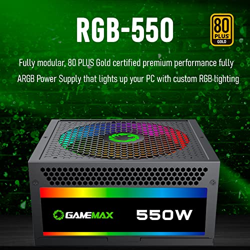 GameMax RGB 550W Modular 80 Plus Gold Power Supply with 14cm RGB Fan - Black - Image 3
